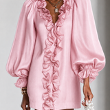 Vestido Mini Liso com Mangas Bufantes e Rendas