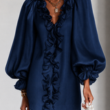 Vestido Mini de Corte Reto com Mangas Bufantes e Rendas em Azul Marinho