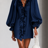 Vestido Mini de Corte Reto com Mangas Bufantes e Rendas em Azul Marinho