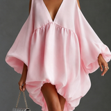 Vestido Mini de Alças Frias em Chiffon Rosa Bebé com Decote em V Profundo e Mangas Balão Puffy