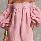 Vestido Mini A-line Solto com Mangas Lanternas e Ombros Descidos em Rosa