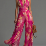 Macacão Serafina | Chiffon Plissado Floral Fúcsia