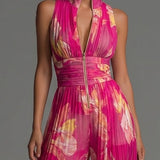 Macacão Serafina | Chiffon Plissado Floral Fúcsia