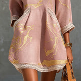 Vestido Mini de Renda de Crochê com Decote em V em Ouro Rosa