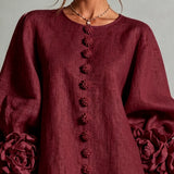 Vestido Mini de Botão em Floral Borgonha com Punhos Florais Impressionantes