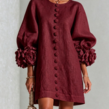 Vestido Mini de Botão em Floral Borgonha com Punhos Florais Impressionantes