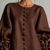 Vestido Mini de Botão com Estampa Floral em Tons de Chocolate e Punhos Florais Marcantes