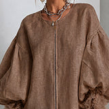 Vestido Mini de Mangas Balão com Fecho Frontal em Castanho e Punhos de Renda Plissada
