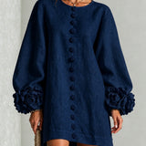 Vestido Mini de Manga Longa Floral Azul Marinho com Punhos Florais Marcantes (Edição de Manga Longa)