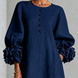 Vestido Midi Botão Floral Azul Marinho Com Punhos Florais Impressionantes
