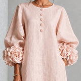 Vestido Midi Botão Rosa Floral com Punhos Florais Impressionantes