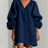 Vestido Mini de Botão com Decote em V e Flores em Azul Marinho com Punhos Florais Marcantes