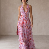 Ana | Romântica Kaskada Rosa Vestido Longo com Decote Americano