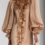 Vestido Mini Liso com Mangas Bufantes e Rendas